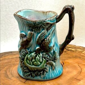 Majolica Ceramic Blue Brown Small Pitcher with Mother Bird Feeding Fledglings